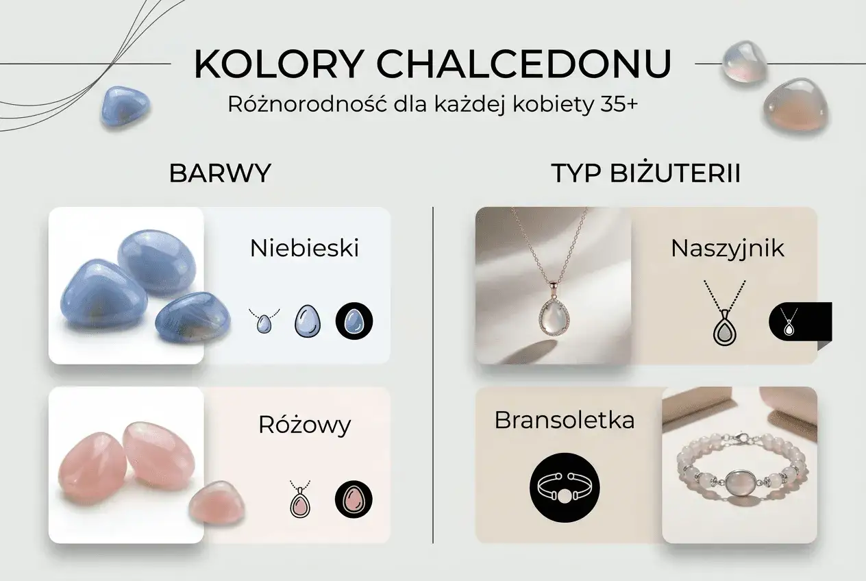Niebieski i różowy chalcedon, jego właściwości i zastosowanie w biżuterii: naszyjnikach i bransoletkach.